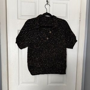 Women's Short-Sleeve Black Speckled Knit Sweater PTP 20